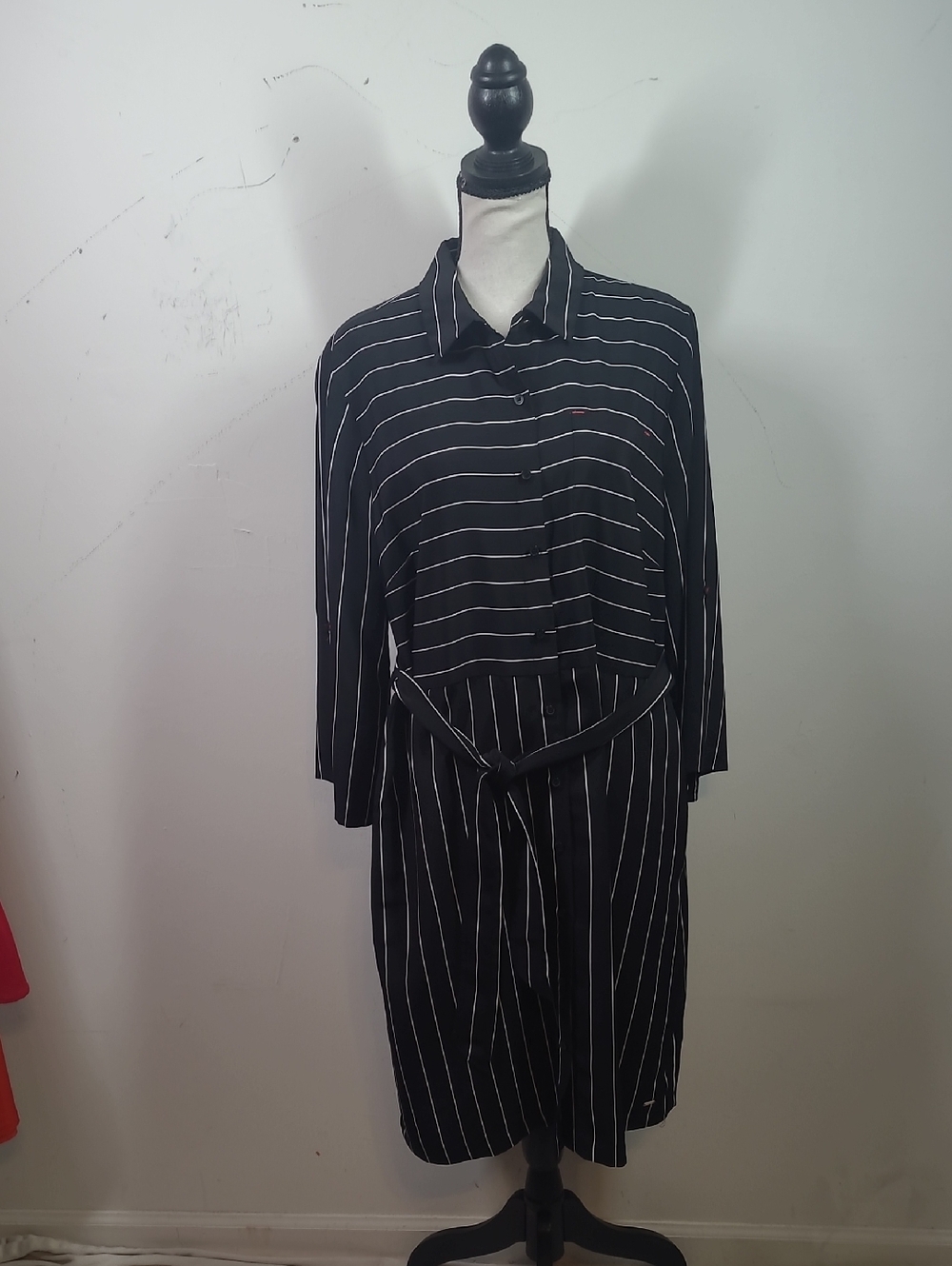 Tommy Hilfiger Black and White Vertical Stripe Midi Shirt Dress